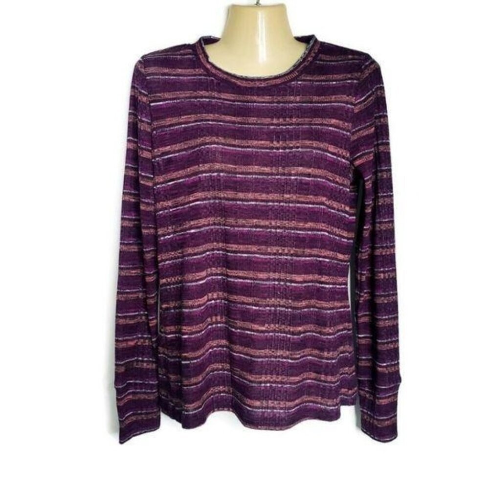 Peyton Jensen Striped Long Sleeve Crew Neck Top Purple Pink Tan Size Medium